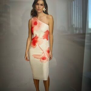 Donna Karan Asymmetrical White and Orange Sheath Dress